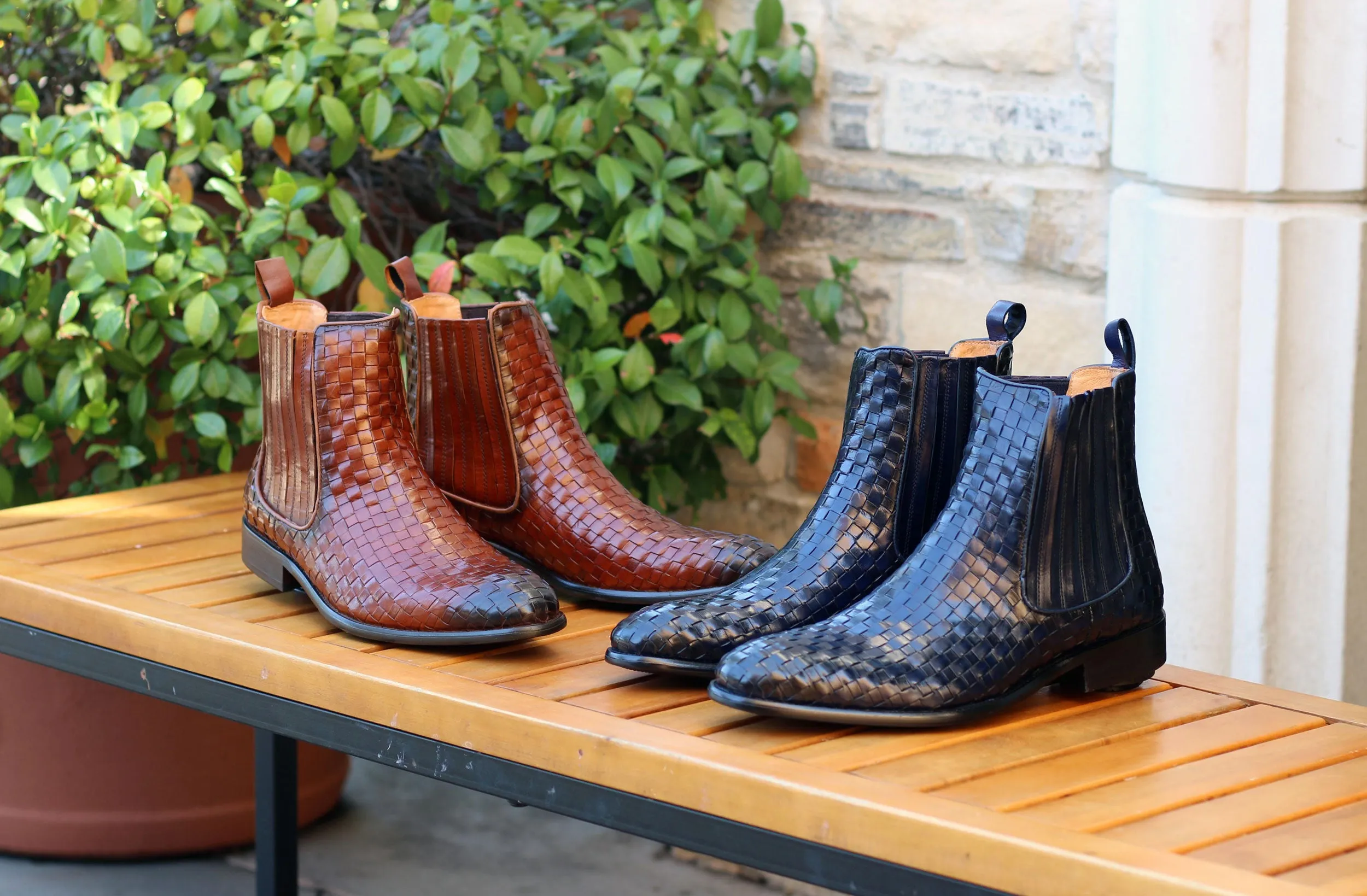 Woven Calfskin Slip-On Boot Cognac